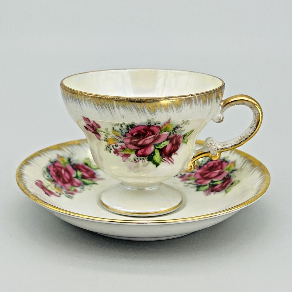 Pink Roses Brushed Gold Luster Footed Tea Cup & Saucer Kelvin’s Orig Label Japan